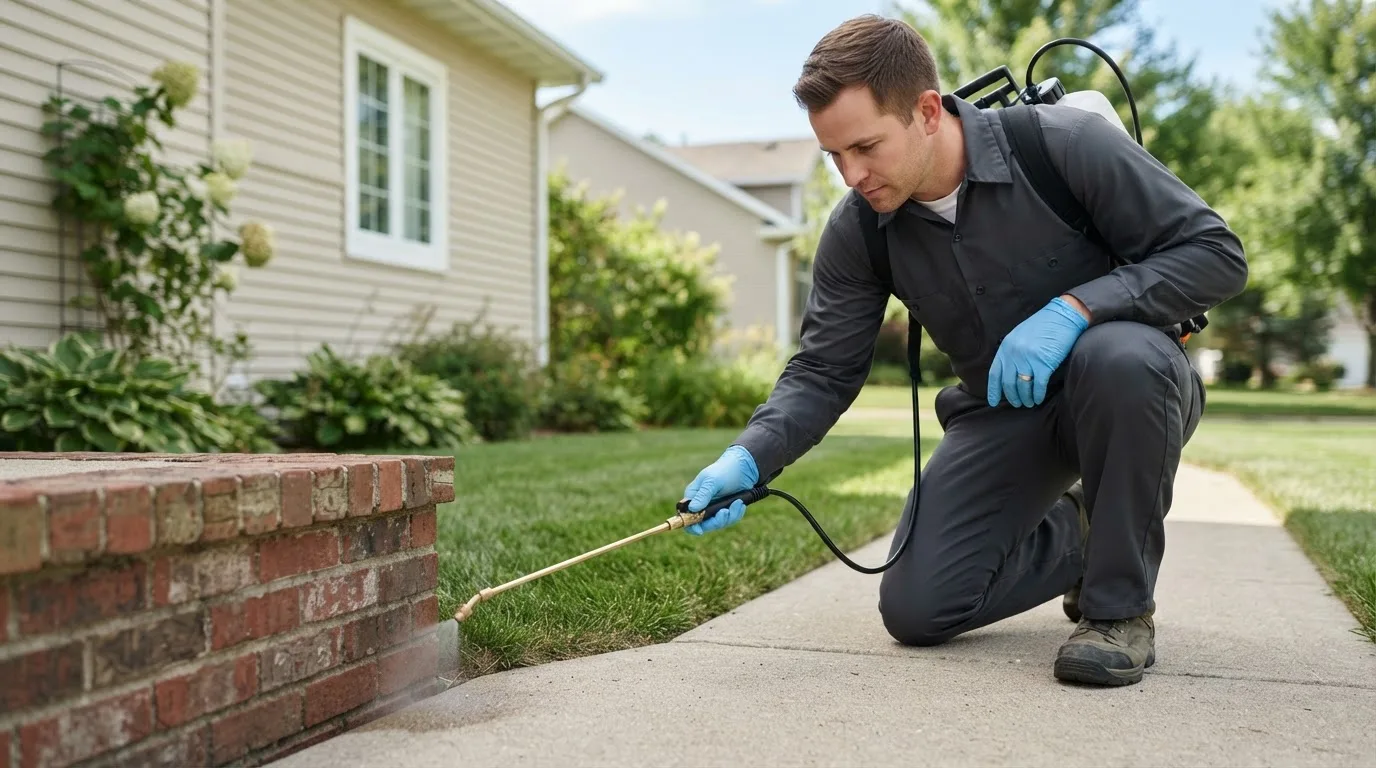 Pest control technician treating a home near Gilmanton, NH